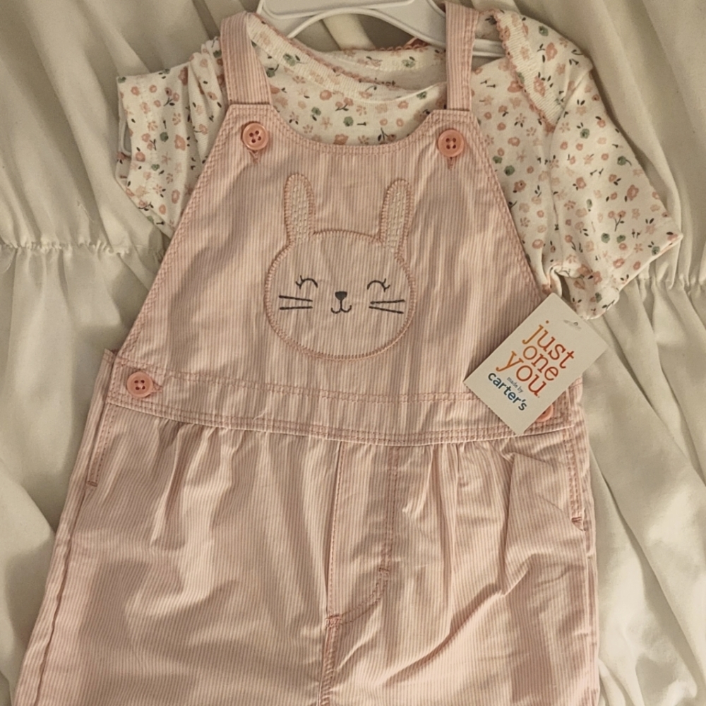 12M Pink Bunny Overall Set